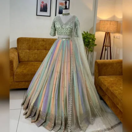 'Women Slab Silk Semi Stitched Lehenga Choli In Multicolour Colour