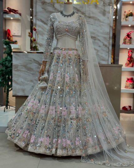 Flared Real Mirrror Sequins Work Lehenga Fabric-Soft Net | Semi Stitched